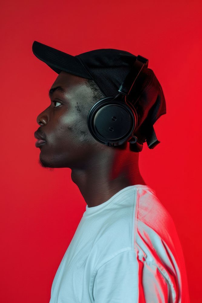 a young man wearing headphones against a red background, looking off to the side