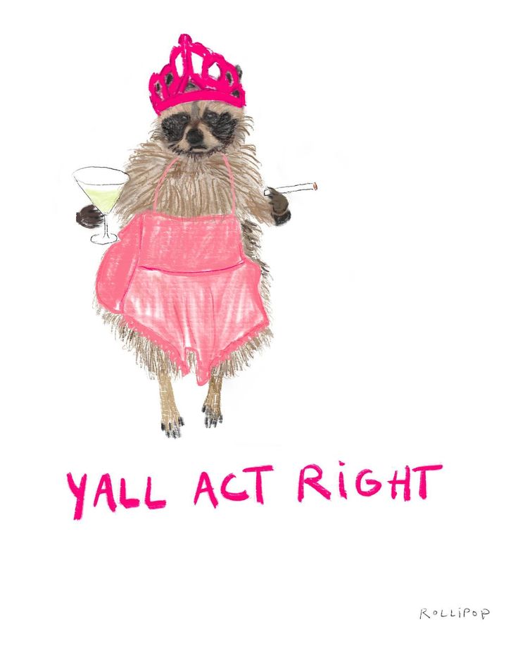 a drawing of a raccoon wearing a pink dress with a crown on it's head