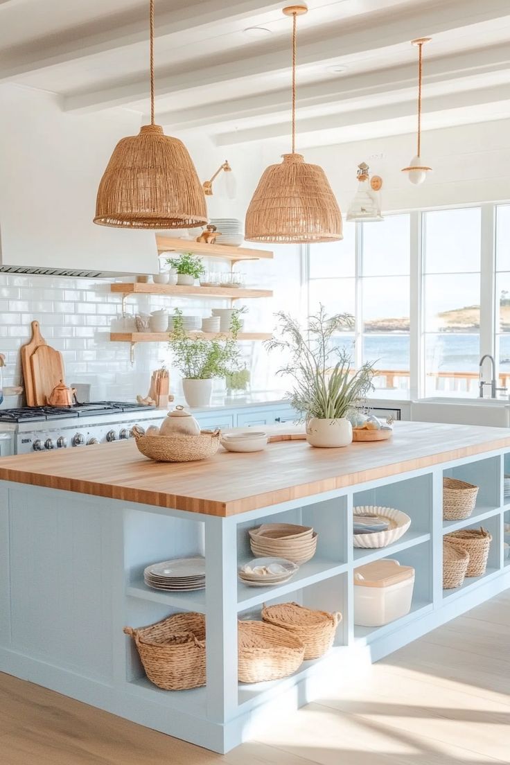 a kitchen island with baskets on it