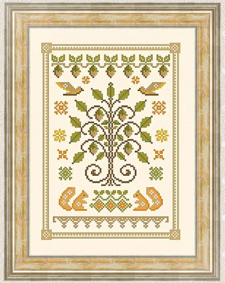 a cross stitch pattern with birds and leaves