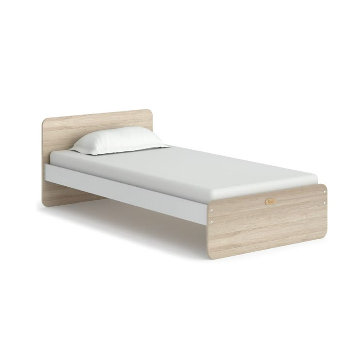 a bed with a wooden headboard and white sheets on it's sides, in front of a white background