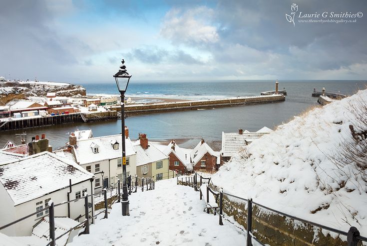 snow covered rooftops next to the ocean and buildings with street lights on top of them