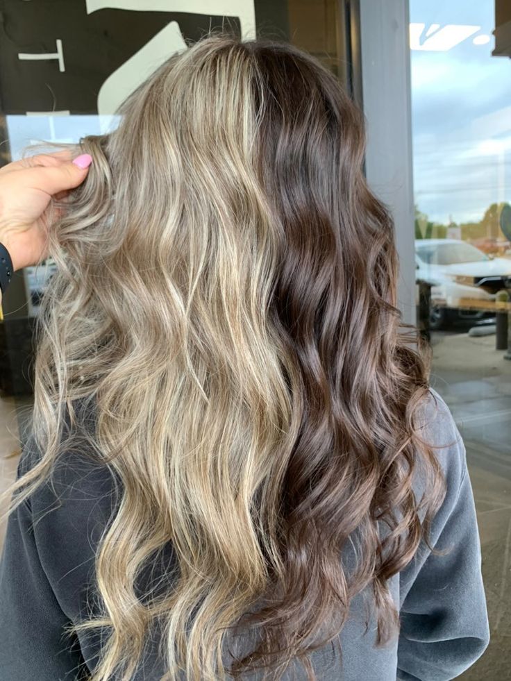 Blonde And Light Brown Hair Color, Brunette Hair With Highlights And Curtain Bangs, Brown Hair Split Dye, Split Hair Color Brown And Blonde, Split Hair Color Ideas Blondes, Split Dye Balayage, Dirty Blonde To Blonde, Hair Color Ideas For Shoulder Length, 2 Tone Hair Color Ideas