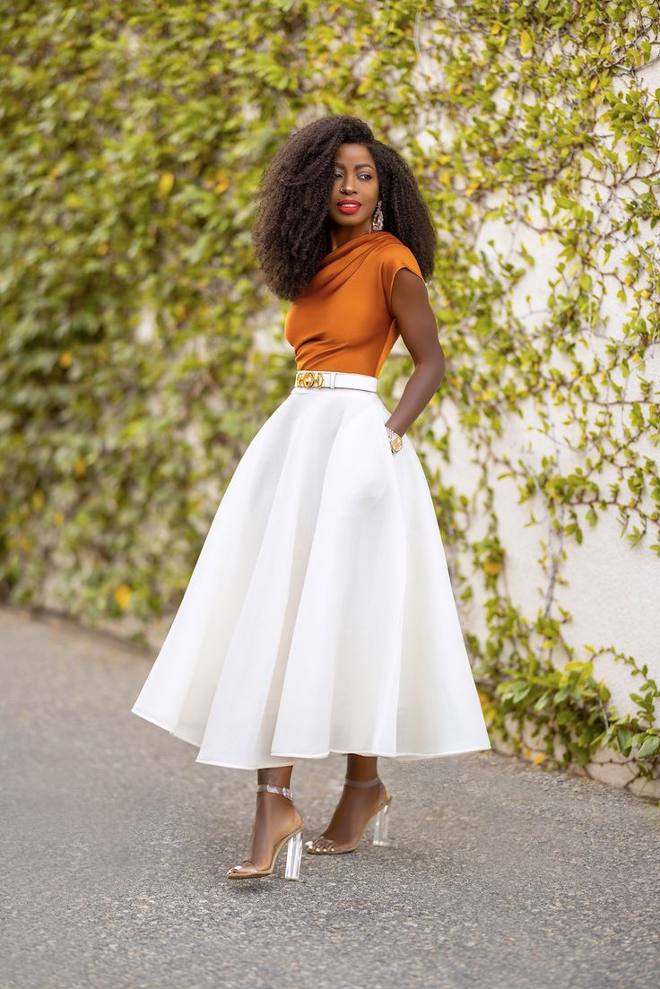 Elegant High-waist Belted Skirt, Feminine High-waist Skirt For Work, Elegant Pleated Skirt For Brunch, Folake Kuye Huntoon, Chic Hip-length Skirt, Black Femininity Skirts, Church Clothes For Women, Elegant Church Outfits, Classy Fashion Chic