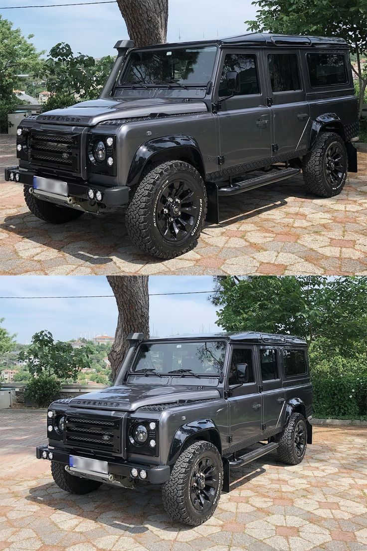 two different views of a black land rover parked under a tree