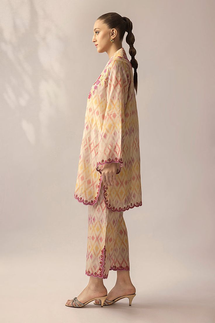 Pink Embroidered Mulmul Sharara, Multicolor Silk Ikat Print Sets, Floral Print Cotton Silk Sets For Spring, Pink Chanderi Kurta With Floral Print, Pink Floral Print Chanderi Kurta, Pink Floral Chanderi Kurta, Pink Designer Wear Sets For Spring, Pink Mulmul Salwar Kameez With Floral Embroidery, Bohemian Pink Embroidered Palazzo Set