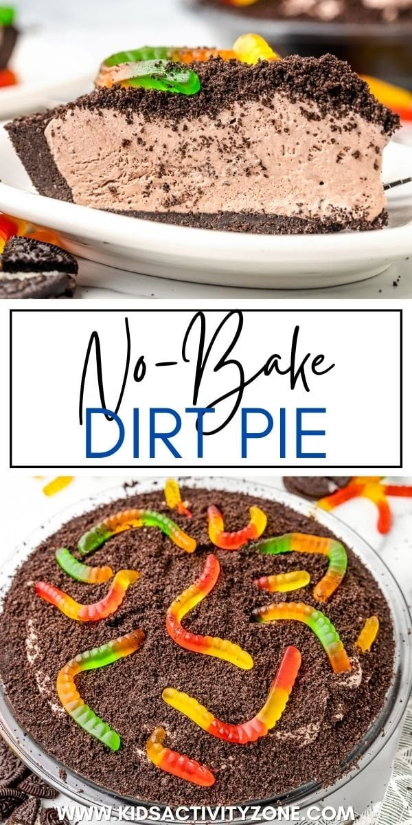 no bake dirt pie with colorful peppers on top and in the background text overlay reads no bake dirt pie