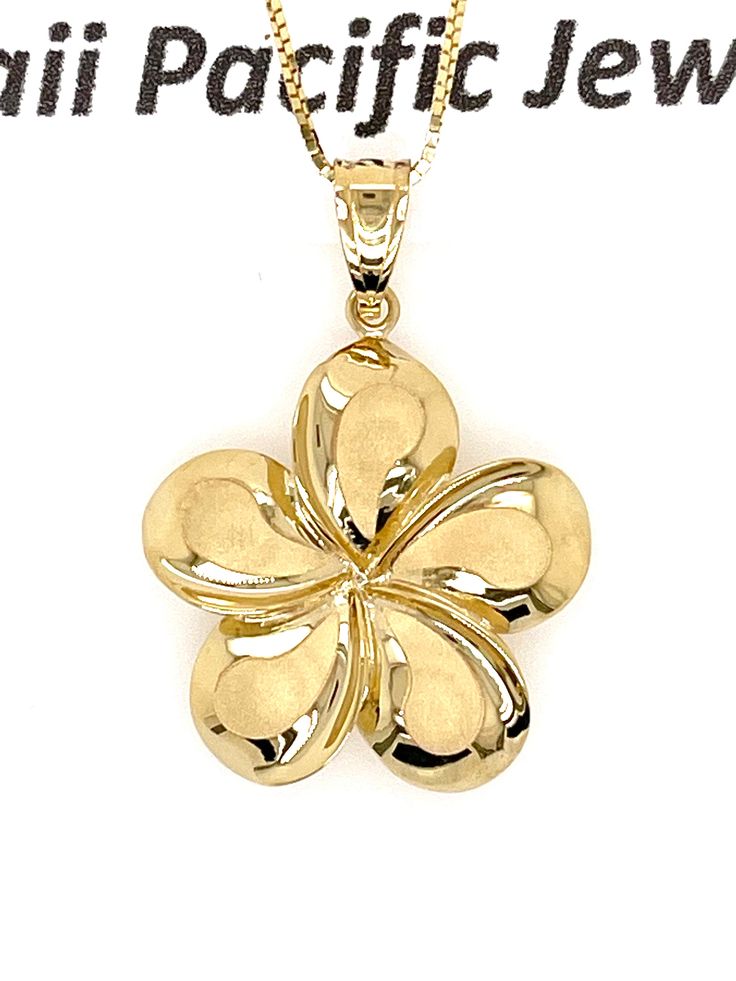 Elegant And Beautiful Hawaiian 14K Solid Yellow Gold 21mm Plumeria Flower Pendant Necklace 18 Inches Sandblast with a High Polished Edge 14 Karat Solid Gold GUARANTEED, Authenticated with a 14K Stamp Made With Highest Quality Craftsmanship 14 Karat Solid Gold Diamond Cut Box Chain Total Weight 1.6 grams 14 Karat Solid Gold Diamond Cut Singapore Link Twist Chain Total Weight 1.2 grams Solid 14K Yellow Gold Plumeria Flower Pendant Total Weight 2.8 grams Width 21 Millimeters Length 29 Millimeters A Flower Shaped Jewelry With Polished Finish For Gift, Flower Shape Jewelry As A Gift With Polished Finish, Flower Shaped Polished Jewelry As Gift, Flower Shaped Polished Finish Jewelry For Gift, Flower Shaped Polished Finish Jewelry As Gift, Flower-shaped Polished Jewelry Gift, Engraved Flower Shape Necklaces, Flower Pendant Necklace, Stamp Making