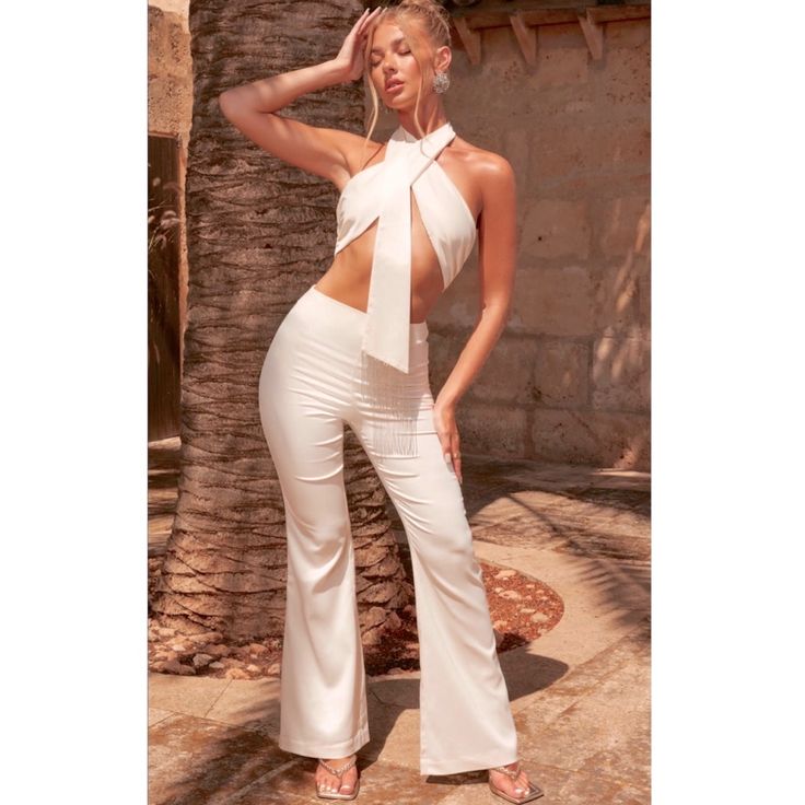 Chic Two-piece Pantsuit For Night Out, High-waisted Jumpsuits And Rompers For Summer, Fitted High-waisted Summer Jumpsuits And Rompers, Fitted High-waisted Jumpsuits And Rompers For Summer, White Fitted Pantsuit For Night Out, Two-piece Fitted Wide Leg Pants, Summer Party Jumpsuit With High-waisted Pants, Fitted White Pantsuit For Night Out, Spring Two-piece Pantsuit For Night Out