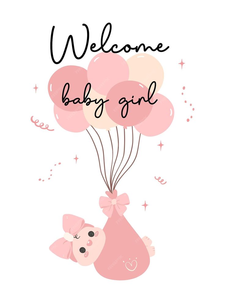 a baby girl card with balloons and a teddy bear