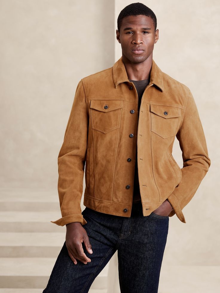 Suede Trucker Jacket | Banana Republic Factory Classic Button-up Suede Leather Jacket, Classic Suede Button-up Leather Jacket, Classic Suede Leather Jacket With Button Closure, Workwear Leather Jacket With Suede Lining, Winter Suede Button-up Outerwear, Classic Button-up Suede Outerwear, Long Sleeve Suede Leather Jacket With Button Closure, Classic Suede Button-up Outerwear, Classic Leather Jacket With Suede Overlays