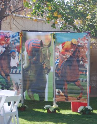 three horse racing banners in the grass with white folding chairs around them and flowers on the ground