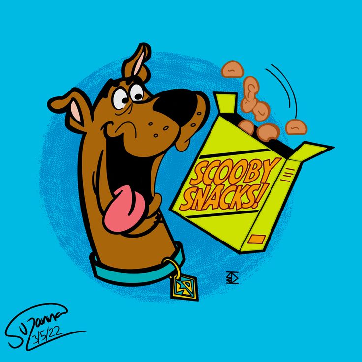 a cartoon dog holding a bag of goody snacks