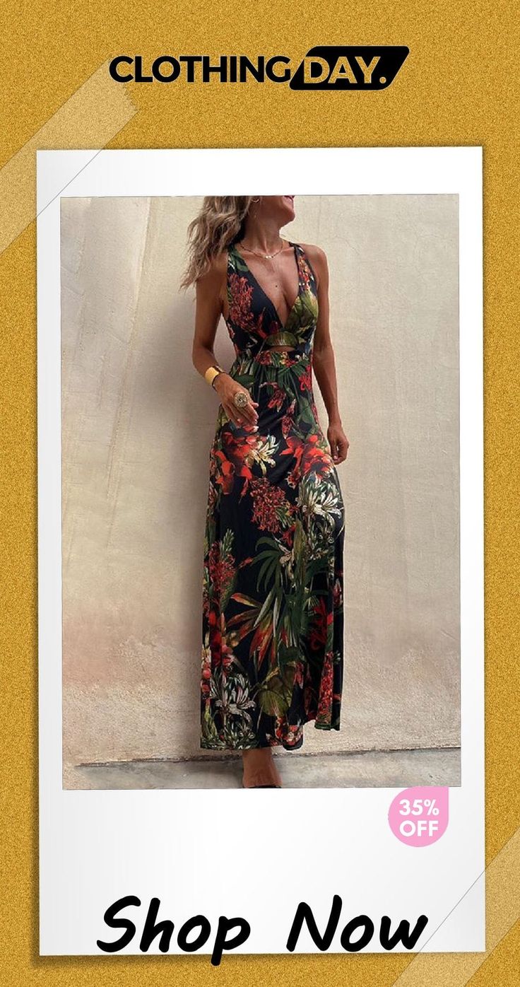 Sexy Vacation Floral Backless V Neck Printed Dress Dresses Floral Print V-neck Maxi Dress For Night Out, V-neck Backless Dress For Beach Party, Evening Backless Beach Dress, Backless Evening Dresses For Beach Season, Floral Print Backless Dress For Night Out, Backless Floral Print Dress For Night Out, Beach Season Party Backless Maxi Dress, Summer Backless Floor-length Dress For Night Out, Summer Floor-length Backless Dress For Night Out