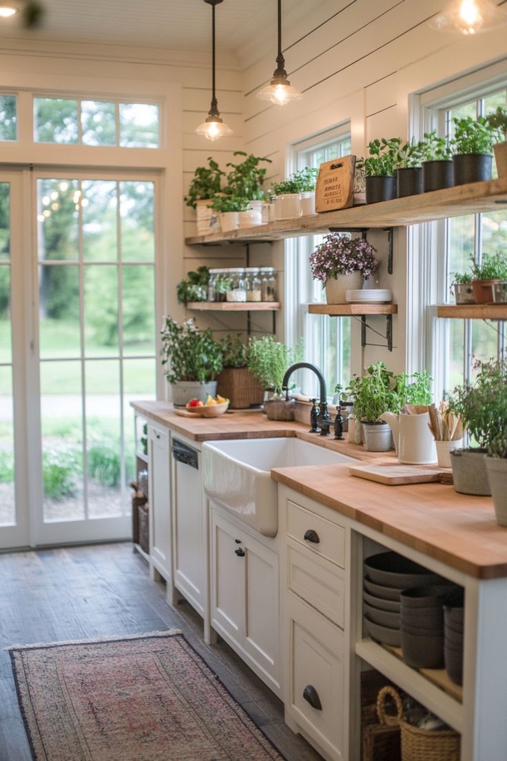 a kitchen filled with lots of potted plants on top of wooden shelves next to a window