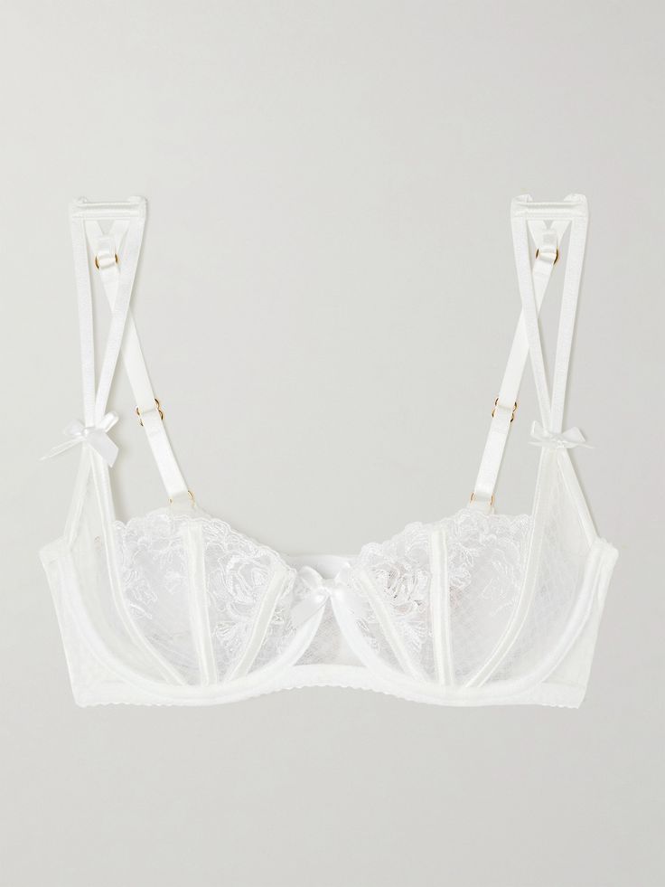 So many intricate details go into Agent Provocateur's romantic lingerie, like the sweet bows and layered straps of this 'Rosia' balconette bra. Made from panels of embroidered lace and tulle, it's trimmed with satin and has supportive underwired cups. Pair yours with the coordinating thong in our edit. Agent Provacatuer, White Lace Bra, Balconette Bra, Ballet Pumps, Agent Provocateur, Clothes Collection, Ski Wear, Embroidered Lace, Bra Lingerie