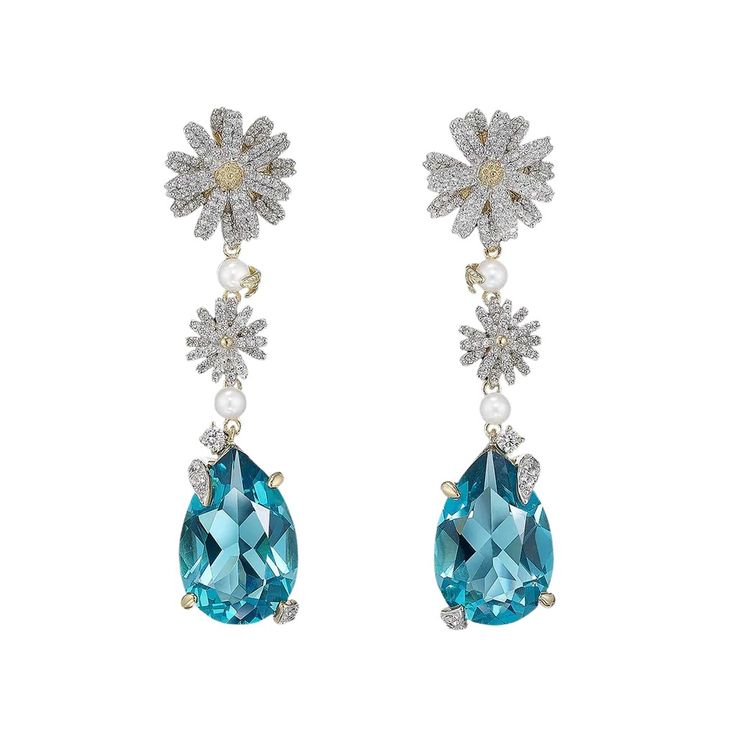 Aqua Daisy Drop Earrings | Over The Moon Luxury Formal Earrings With Gemstone Accents, Luxury Drop Earrings With 17 Jewels, Luxury Blue Topaz Earrings, Elegant Earrings With Blue Topaz And Gemstone Accents, Formal Teardrop Jeweled Earrings, Formal Teardrop Earrings With Jewels, Elegant Blue Topaz Earrings With Gemstone Accents, Luxury Gemstone Accented Earrings For Party, Luxury Crystal Earrings With Gemstones