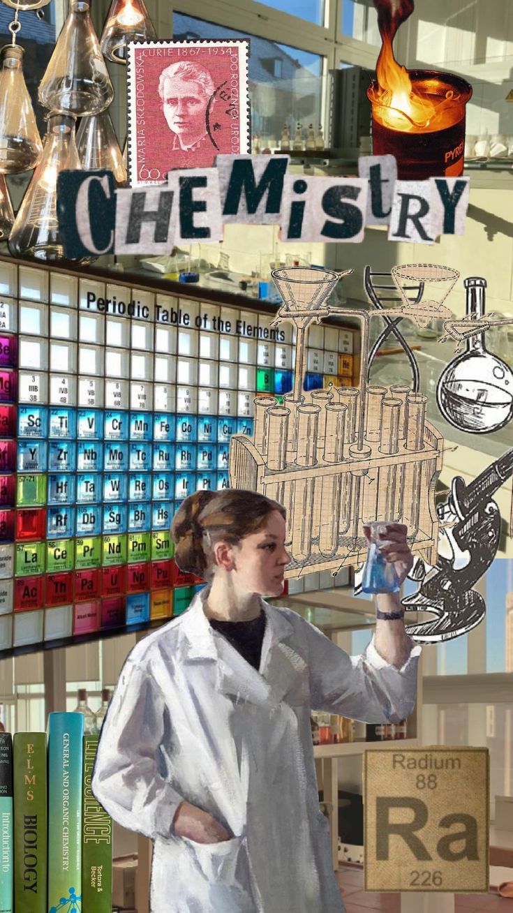 a woman in white lab coat standing next to shelves filled with books and other items