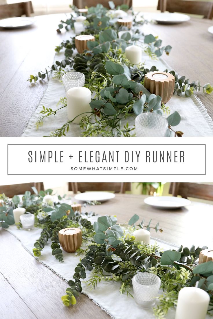 the table is set with candles and greenery for a simple, elegant diy runner