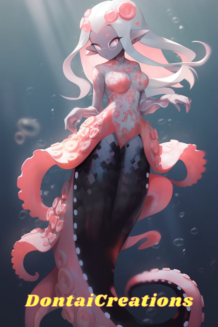 a digital painting of a woman with long hair and an octopus like body in the water