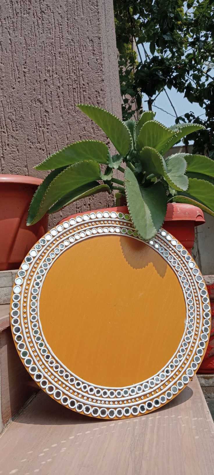 an orange plate sitting on top of a wooden table next to a potted plant