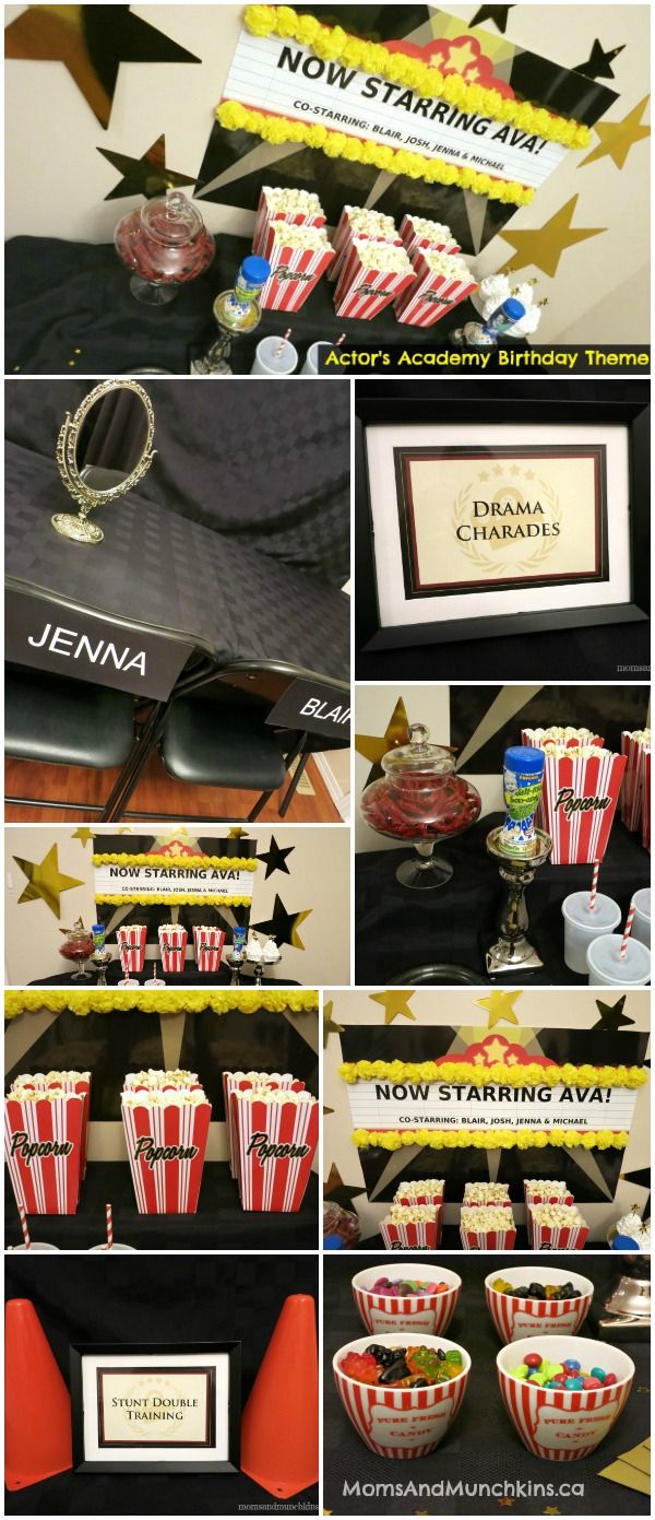 a movie themed birthday party with popcorn buckets