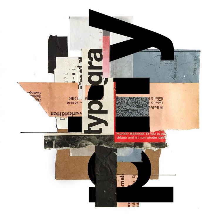 an abstract collage with black and white letters