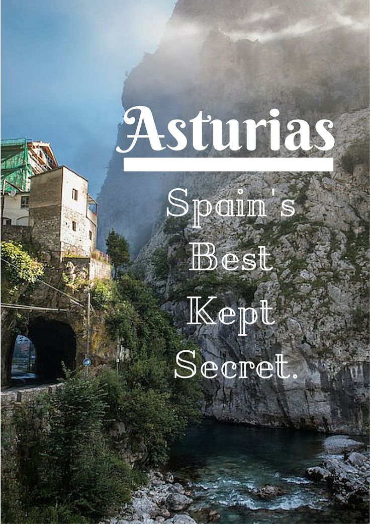 the words asturias are written in white over a photo of a river and mountains