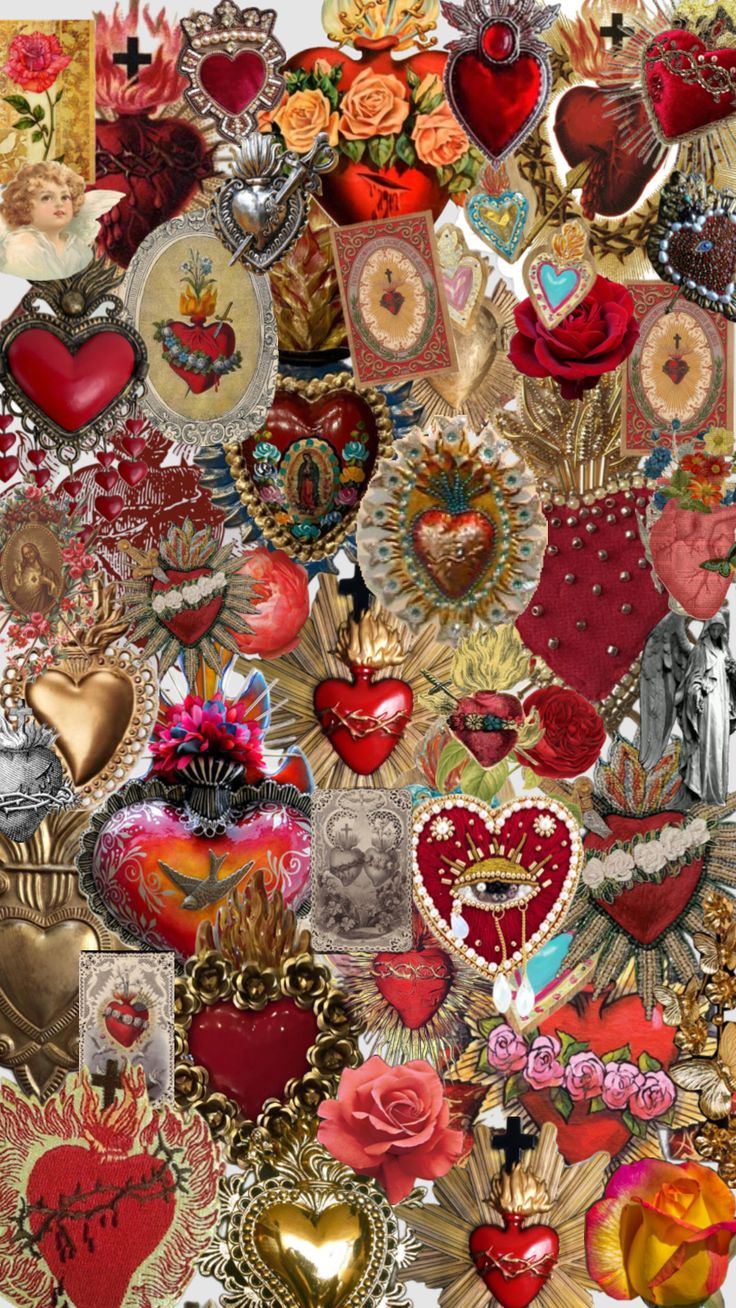 many different types of heart shaped objects are arranged in the shape of a collage