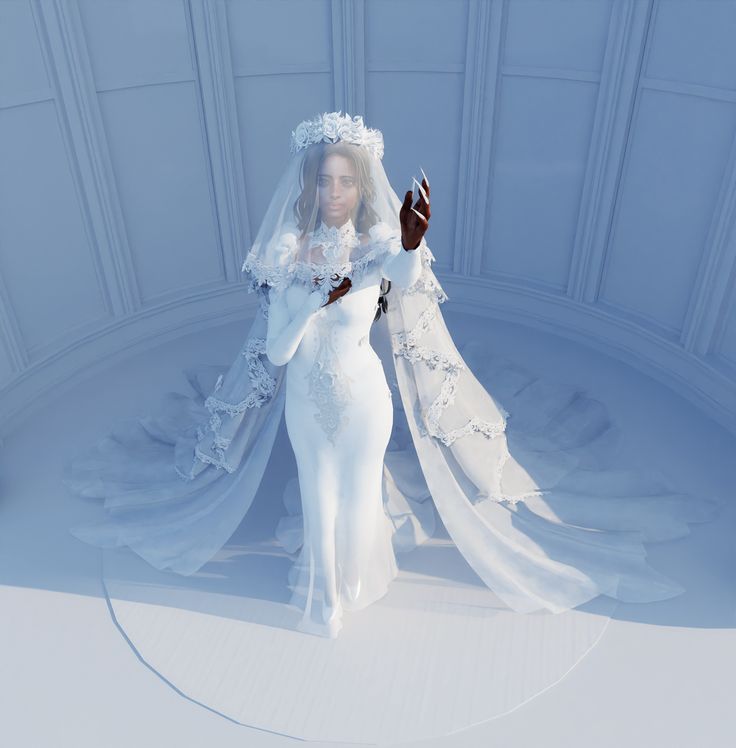 a woman in a white wedding gown and veil walking on a circular platform with her hands up