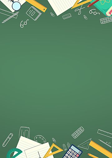 school supplies on a green background with copybook, pencils, ruler and calculator