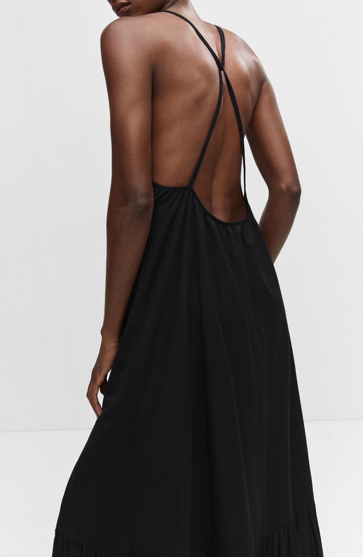 Slender cross-back straps highlight the open back of this on-trend warm-weather maxi finished with a flouncy hem. Jewel neck Sleeveless Unlined 65% viscose, 35% polyamide Machine wash, line dry Imported Strap Maxi Dress, Jewel Neck, Back Strap, Nordstrom Dresses, Warm Weather, Open Back, Portugal, Mango, Nordstrom