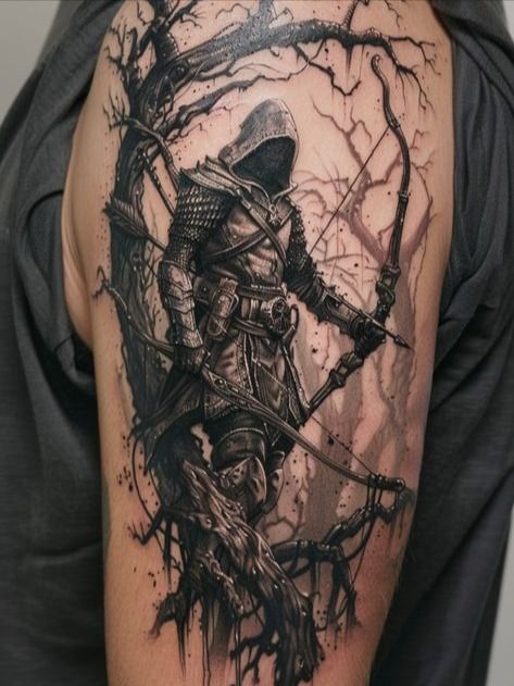 a man with a tattoo on his arm holding a bow and arrow