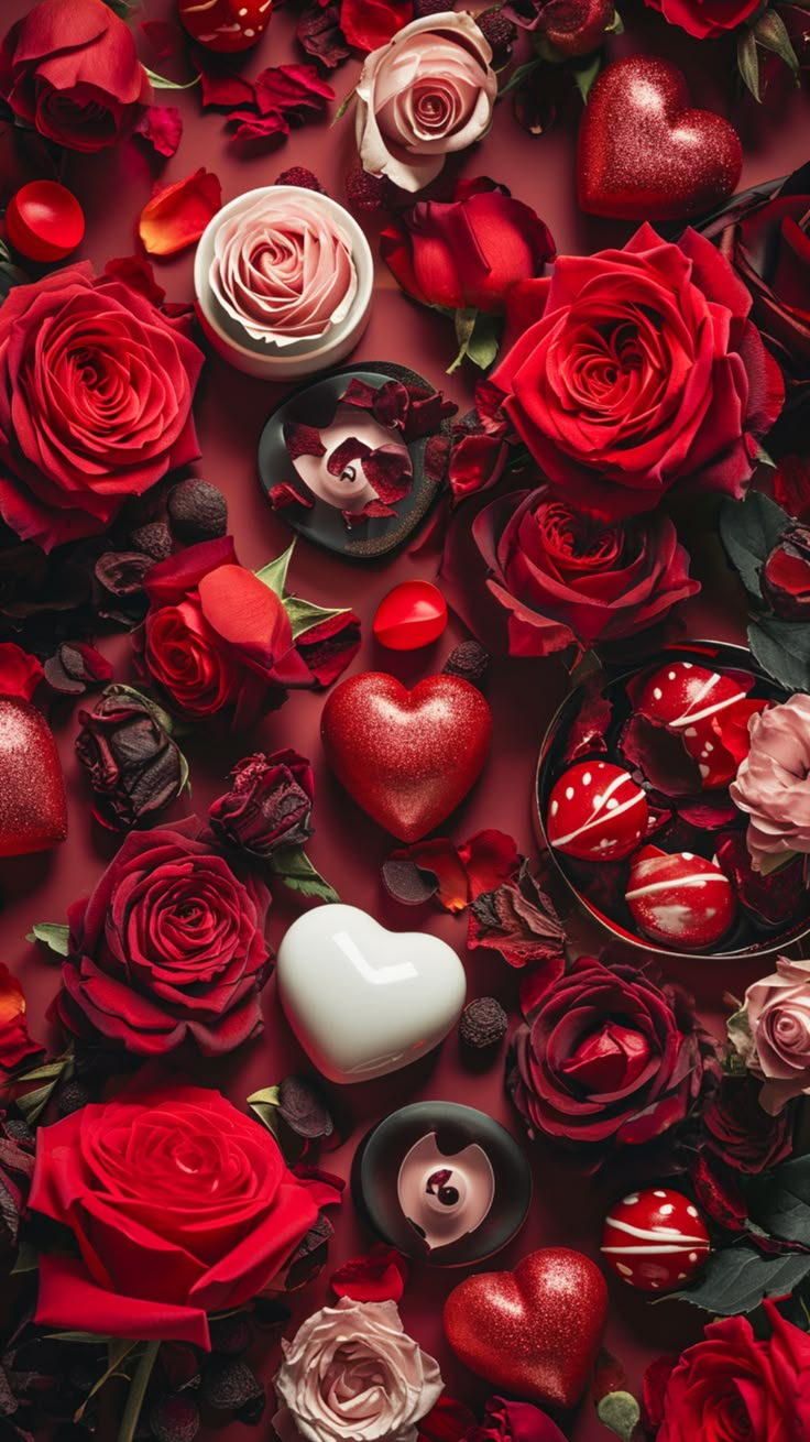 valentine's day wallpaper with red roses, hearts and chocolates on it