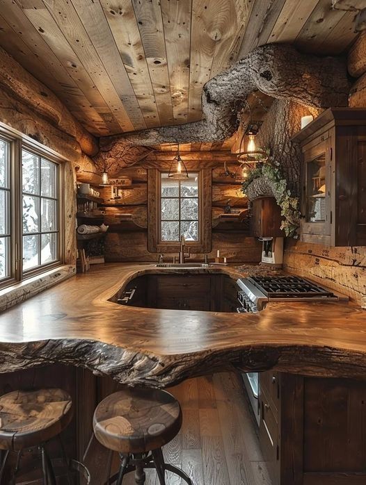 Rustic Log Cabin Kitchens, Log Cabin Kitchen Ideas, Log Cabin Kitchens, Log Cabin Kitchen, Cabin Homes Interior, Log Home Kitchen, Cabin Style Homes, Cabin Interior Design, Log Cabin Living