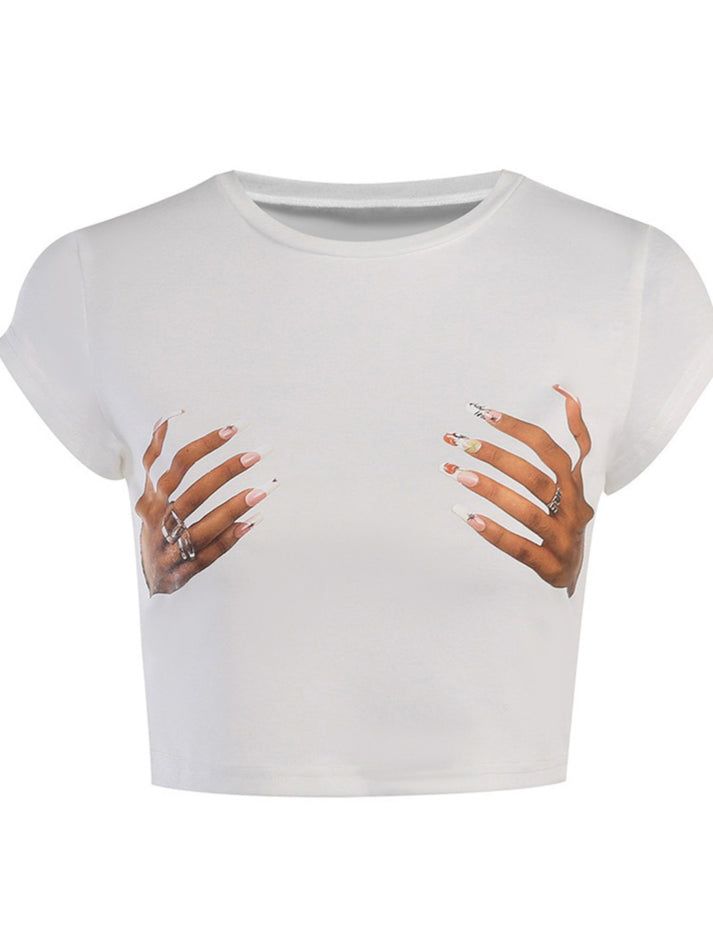 Sitara Hands Print T-Shirt Crop Top Blanc, Baby Tees Y2k, Fashion Shirts, Y2k Baby Tee, Vintage Punk, Popular Dresses, Clothing Details, Baby T Shirts, Strapless Tops