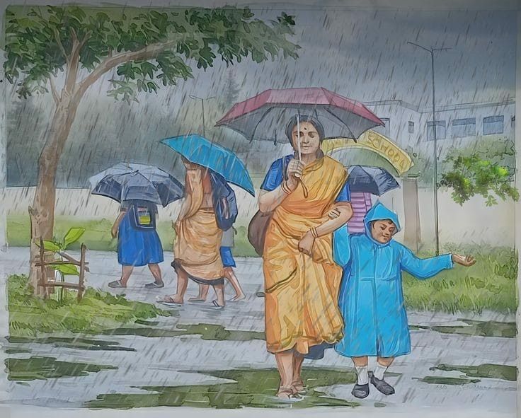 a painting of people walking in the rain with umbrellas over their heads and two children holding hands