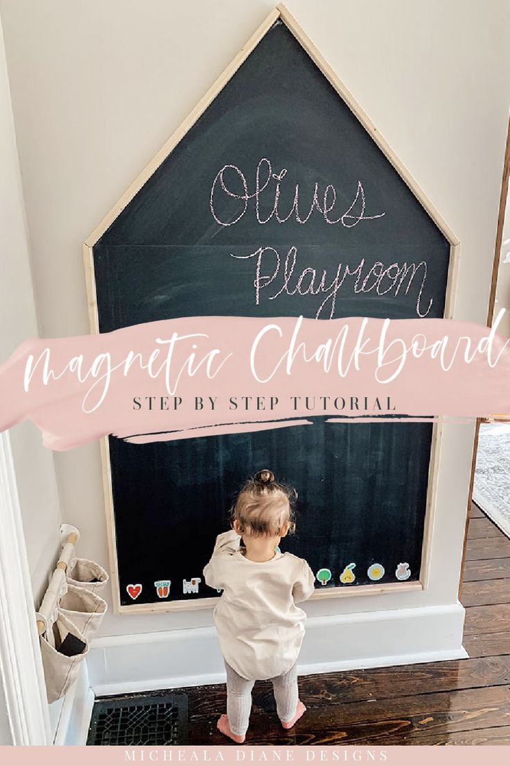 Simple step-by-step tutorial on how to make an oversized DIY magnetic chalkboard in the shape of a house. It is perfect for a playroom! DIY giant chalkboard. Diy magnetic chalkboard for kids. House Chalkboard. Magnet Chalkboard Wall, Magnetic Wall Ideas Playroom, Diy House Chalkboard, Diy Wall Chalkboard, Chalkboard House Wall, Diy Chalkboard Wall Playroom, Chalkboard Playroom Ideas, Chalkboard On Wall, Diy Magnetic Chalkboard Wall