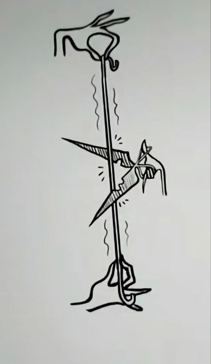 a drawing of a pole with scissors stuck in it