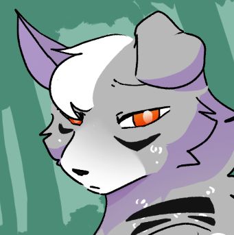 a drawing of a cat with orange eyes and purple hair, sitting in front of a green background