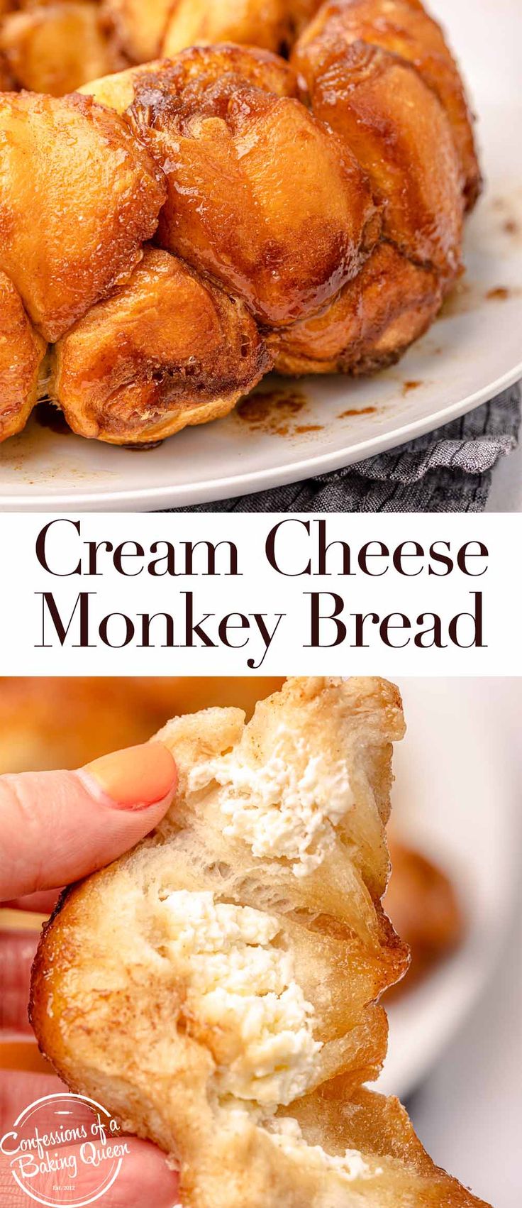 two pictures of cream cheese monkey bread on a plate and in the background there is a hand holding a piece of bread