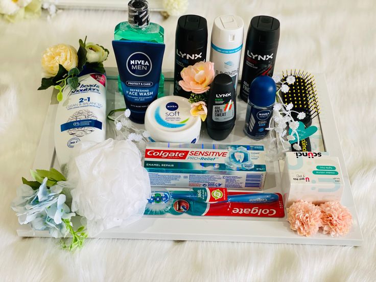 an assortment of personal care products on a tray