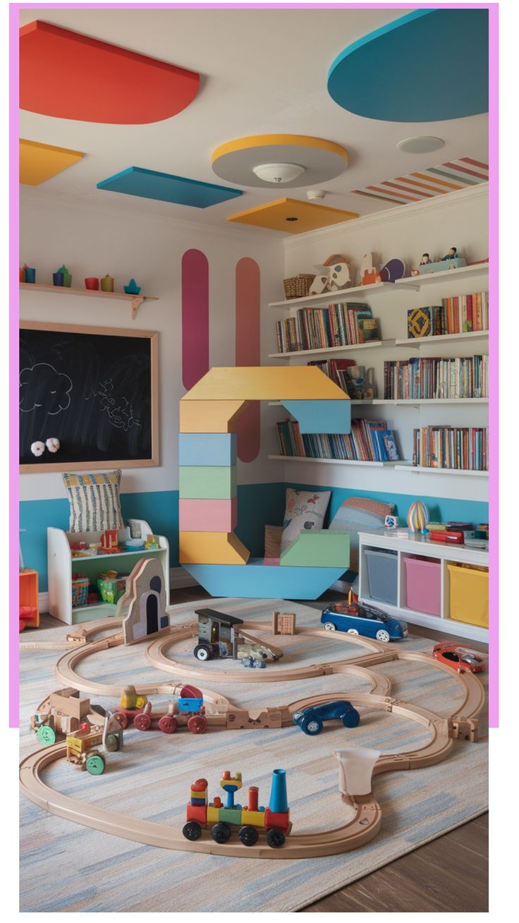 Colorful children's playroom with wooden train set, shelves filled with books, and vibrant geometric wall decor.