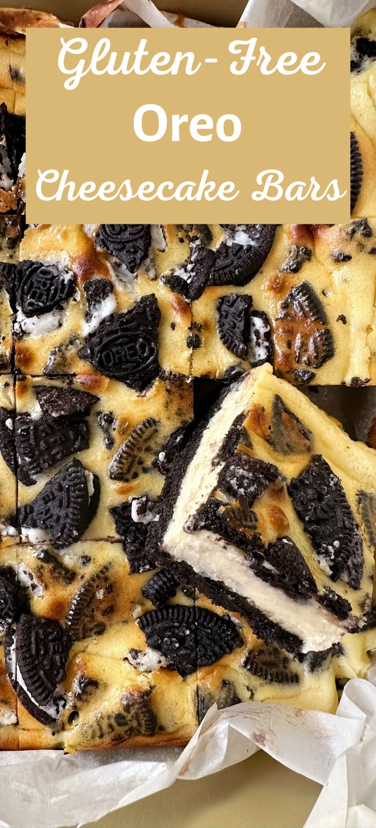 an oreo cheesecake bar is cut into squares