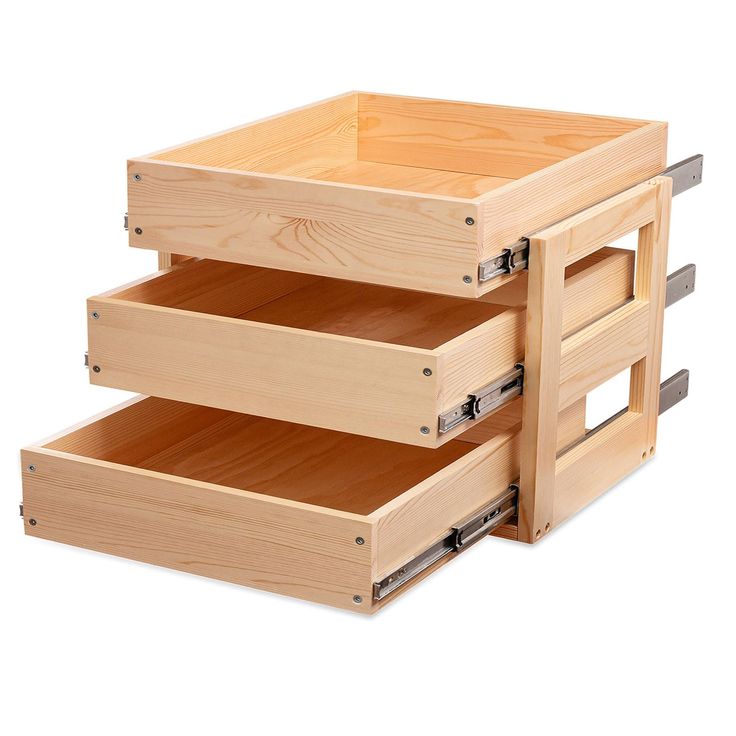 three wooden drawers stacked on top of each other with one open drawer in the middle