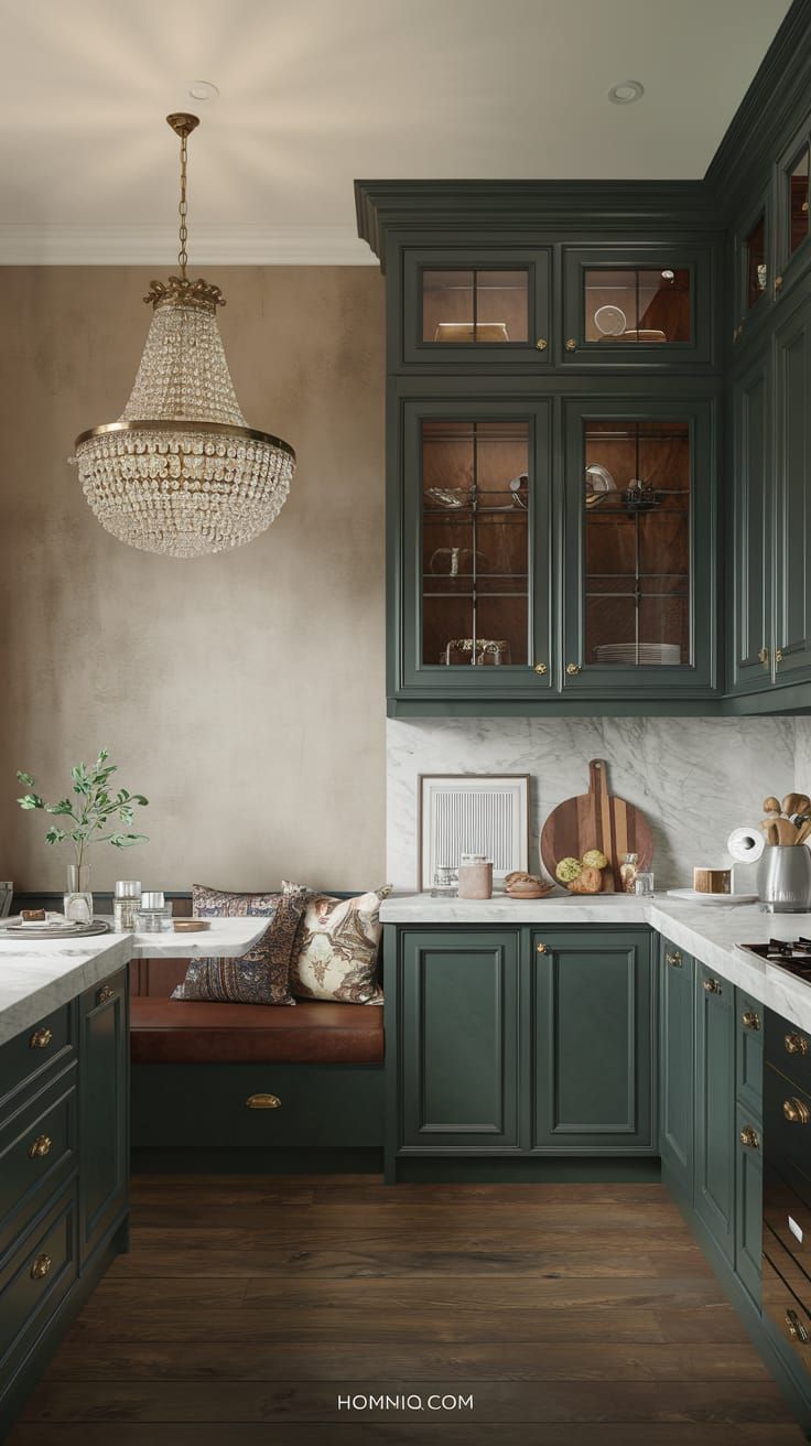 a kitchen with dark green cabinets and white counter tops is pictured in this image, the light fixture hangs over the sink