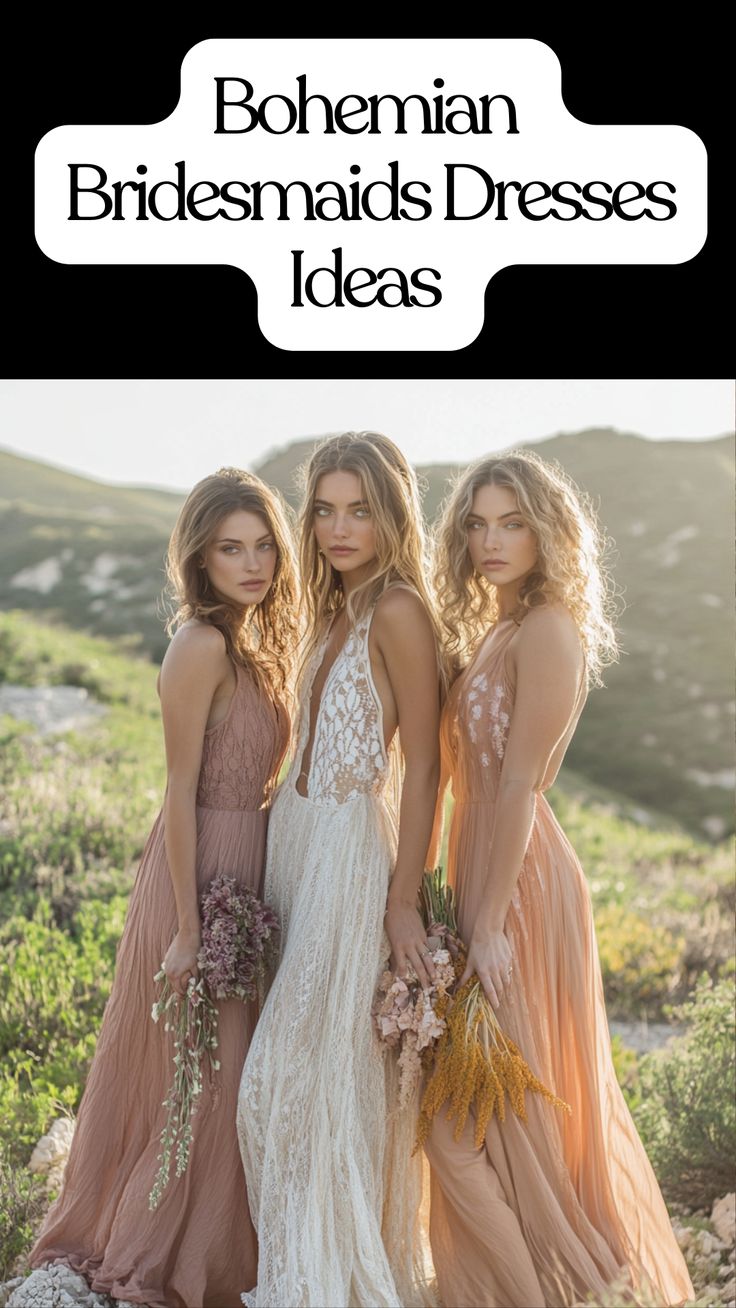 Bohemian bridesmaids dresses with flowy silhouettes, soft lace details, and earthy tones ideal for a boho-chic wedding. Boho Spring Bridesmaid Dresses, Boho Western Bridesmaid Dress, Rustic Wedding Bridesmaid Dresses Color Schemes, Boho Wedding Bridesmaids Dresses, Boho Wedding Bridesmaid Dresses, Neutral Bridesmaid Dresses Mismatched, Western Bridesmaid Dresses, Bridesmaids Looks, Flowy Silhouettes