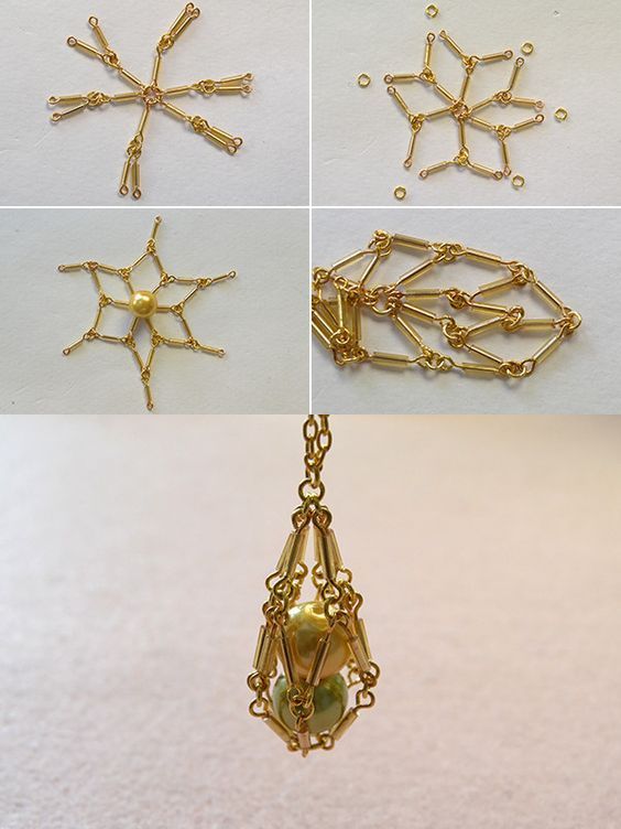 four pictures of different types of necklaces and pendants, all in gold tone