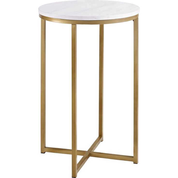 a white marble top side table with gold metal legs and a round shaped end table