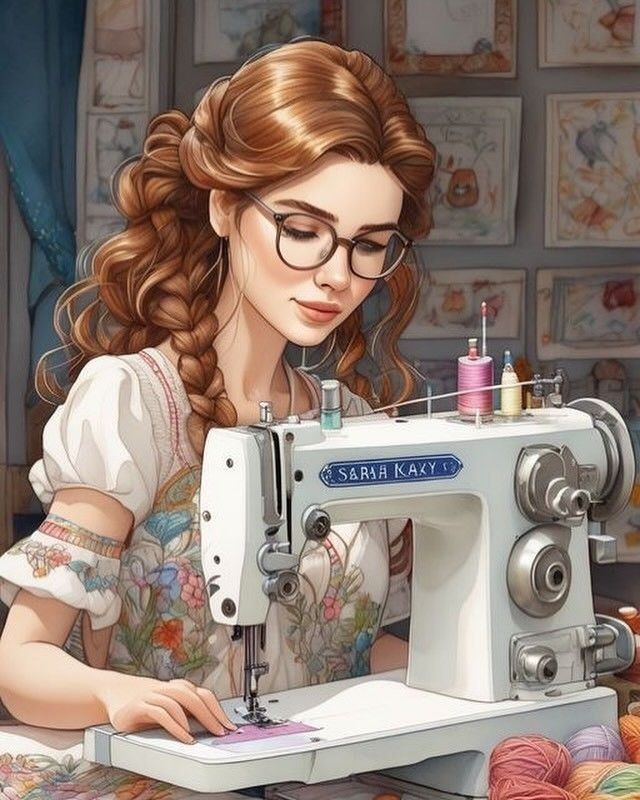 a painting of a woman using a sewing machine to sew on some threads